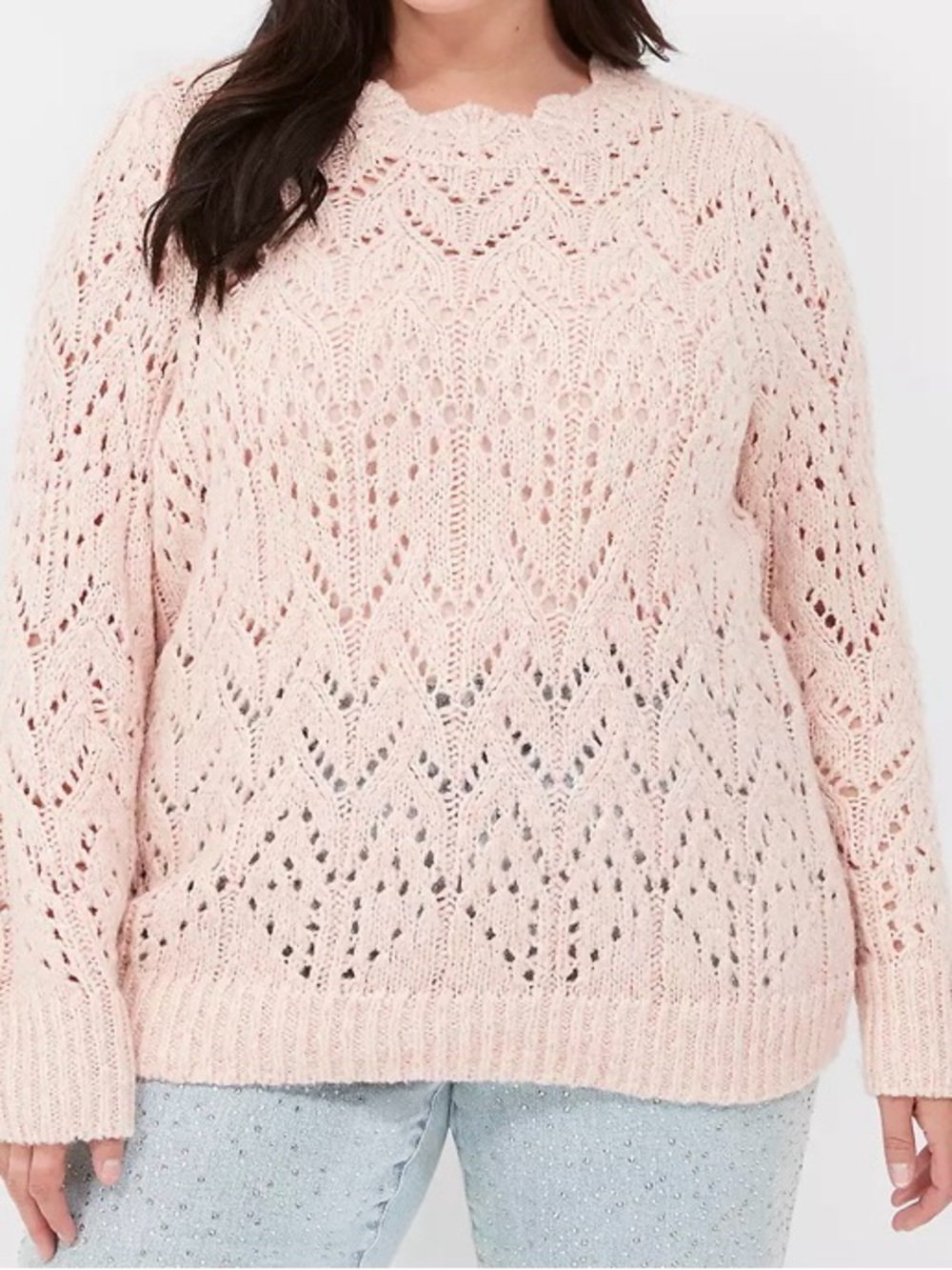 Lane Bryant Sweater Pink Crochet Knit Wool Blend Scalloped Sz 14 16 Pullover